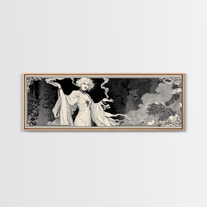 The Ash-Covered Oracle, Decadent Line Art, Extra Wide Wall Art, Gothic Horror Wall Art, Framed Canvas Print, Halloween Wall Art