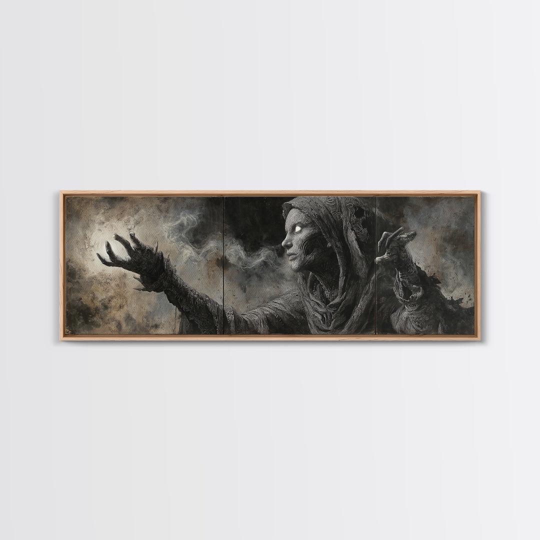 The Ash-Covered Oracle, Biomechanical Horror Art, Extra Wide Wall Art, Macabre Wall Art, Framed Canvas Print, Halloween Wall Art
