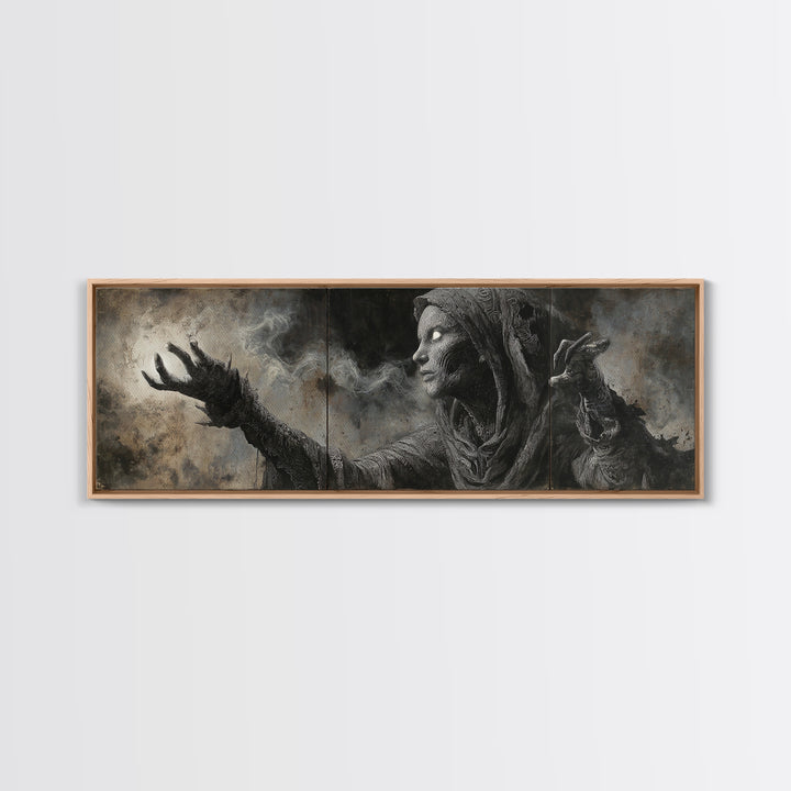 The Ash-Covered Oracle, Biomechanical Horror Art, Extra Wide Wall Art, Macabre Wall Art, Framed Canvas Print, Halloween Wall Art