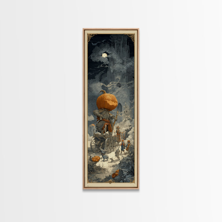 The Pumpkin-Headed Tea Merchant, Gothic Engraving Art, Tall Narrow Wall Art, Dark Fantasy Wall Art, Framed Canvas Print