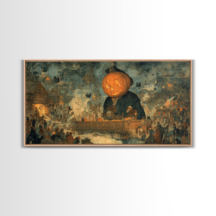 The Pumpkin-Headed Tea Merchant, Northern Renaissance Horror, Wide Panoramic Art, Gothic Horror Wall Art, Canvas Print