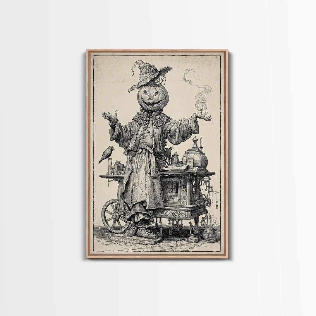 The Pumpkin-Headed Tea Merchant, Renaissance Engraving Art, Vertical Wall Art, Macabre Wall Art, Canvas Print, Halloween Wall Art
