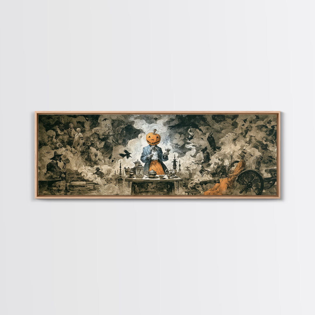 The Pumpkin-Headed Tea Merchant, Dark Romantic Horror Art, Extra Wide Wall Art, Gothic Horror Wall Art, Canvas Print, Halloween Wall Art
