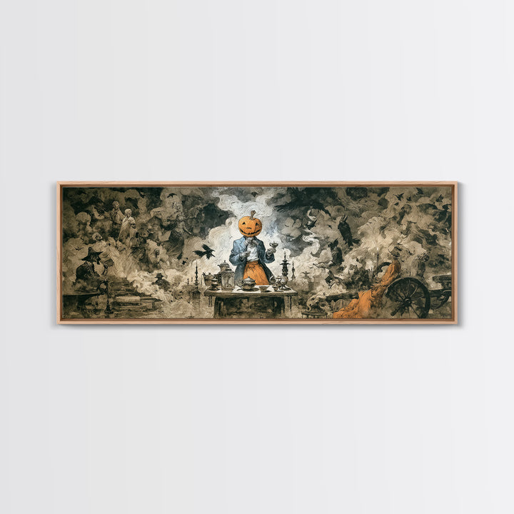 The Pumpkin-Headed Tea Merchant, Dark Romantic Horror Art, Extra Wide Wall Art, Gothic Horror Wall Art, Canvas Print, Halloween Wall Art