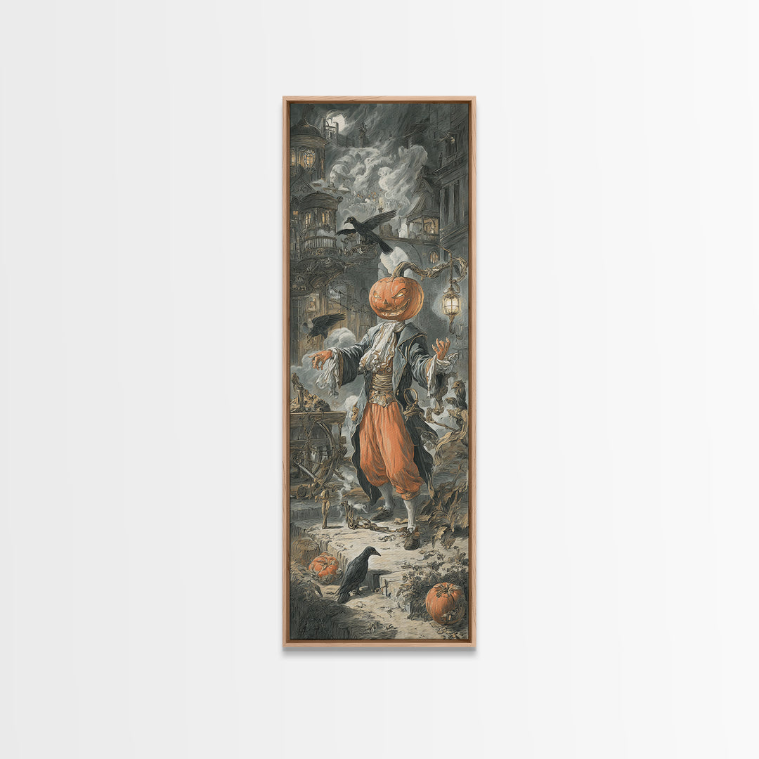 The Pumpkin-Headed Tea Merchant, Architectural Etching Art, Tall Narrow Wall Art, Dark Halloween Decor, Framed Canvas Print