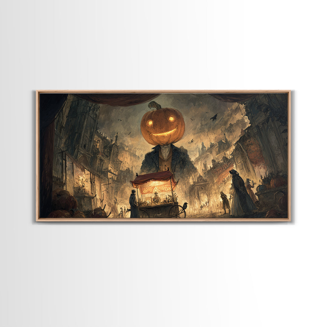The Pumpkin-Headed Tea Merchant, Apocalyptic Romantic Art, Wide Panoramic Art, Dark Fantasy Wall Art, Framed Canvas Print, Halloween Decor