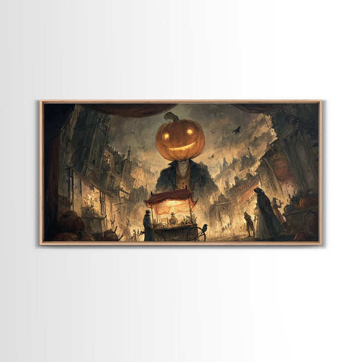 The Pumpkin-Headed Tea Merchant, Apocalyptic Romantic Art, Wide Panoramic Art, Dark Fantasy Wall Art, Framed Canvas Print, Halloween Decor