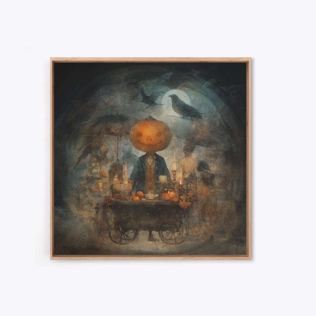The Pumpkin-Headed Tea Merchant, Symbolist Dream Art, Square Wall Art, Dark Halloween Decor, Framed Canvas Print, Halloween Wall Art