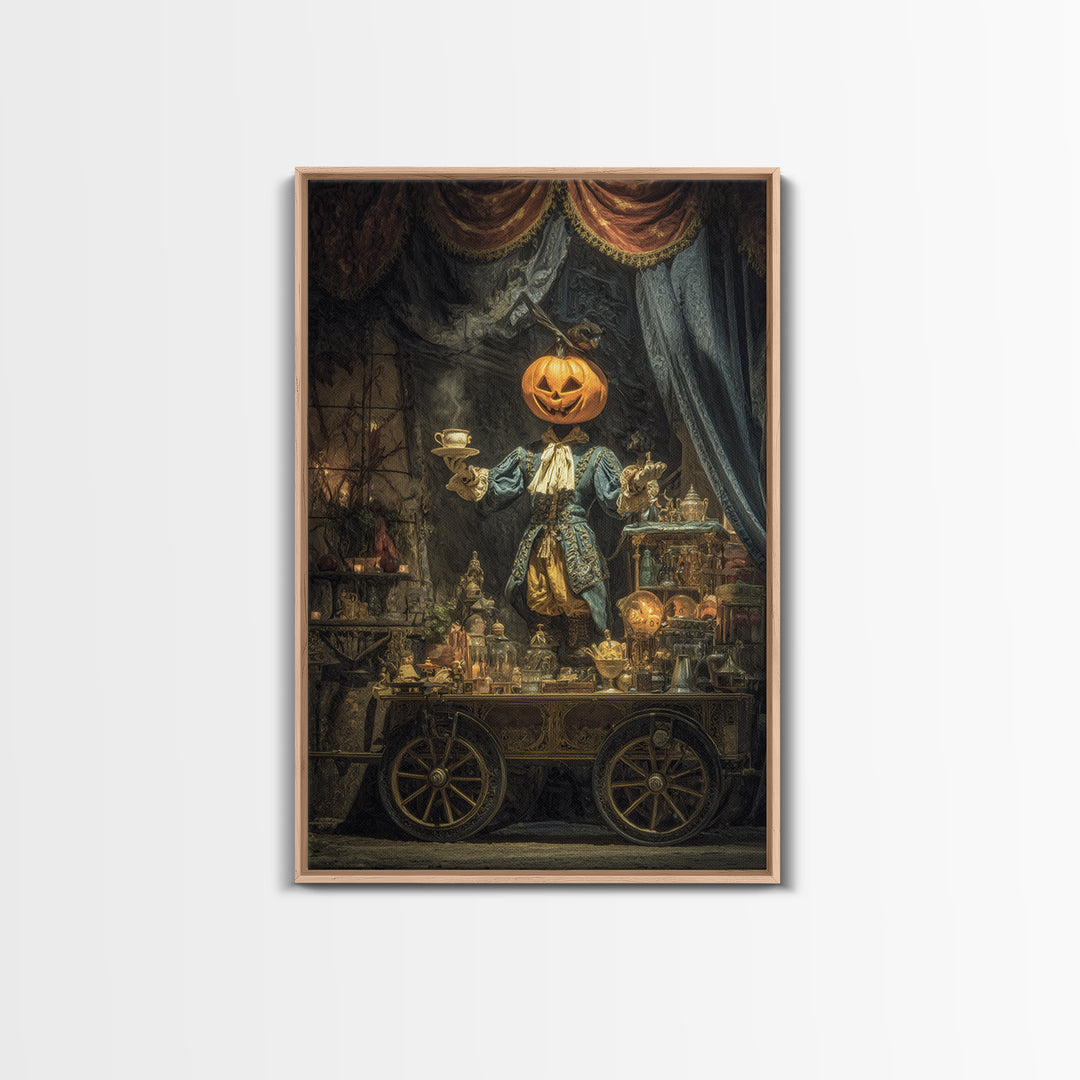 The Pumpkin-Headed Tea Merchant, Ornate Symbolist Art, Vertical Wall Art, Macabre Wall Art, Framed Canvas Print, Halloween Wall Art