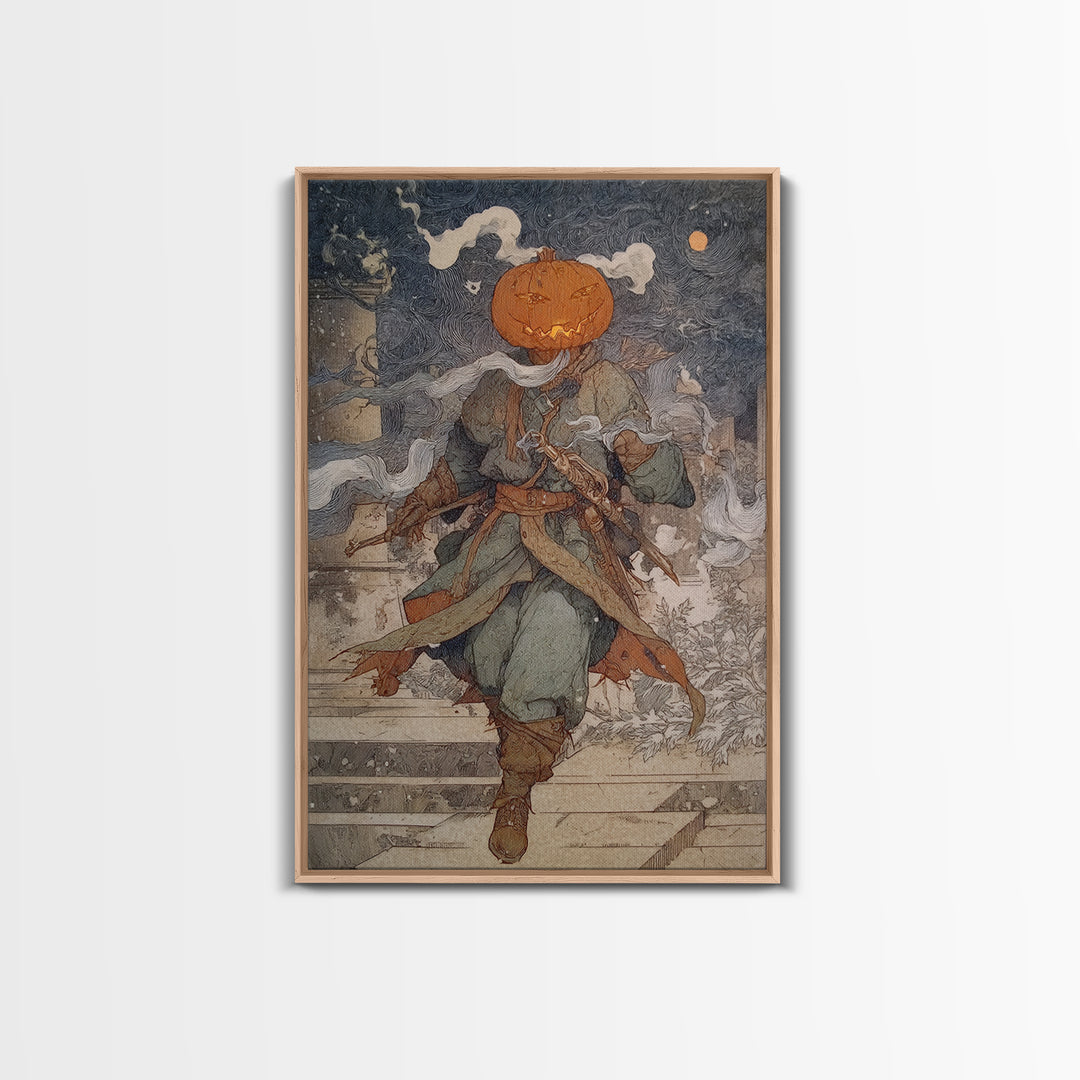 The Pumpkin-Headed Tea Merchant, Symbolist Death Art, Vertical Wall Art, Macabre Wall Art, Canvas Print, Halloween Wall Art