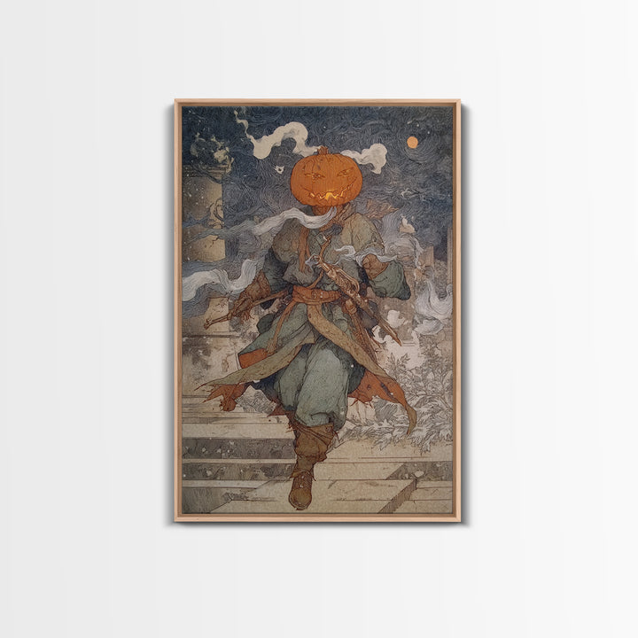 The Pumpkin-Headed Tea Merchant, Symbolist Death Art, Vertical Wall Art, Macabre Wall Art, Canvas Print, Halloween Wall Art