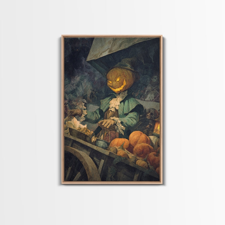 The Pumpkin-Headed Tea Merchant, Dark Symbolist Art, Vertical Wall Art, Dark Halloween Decor, Canvas Print, Halloween Wall Art