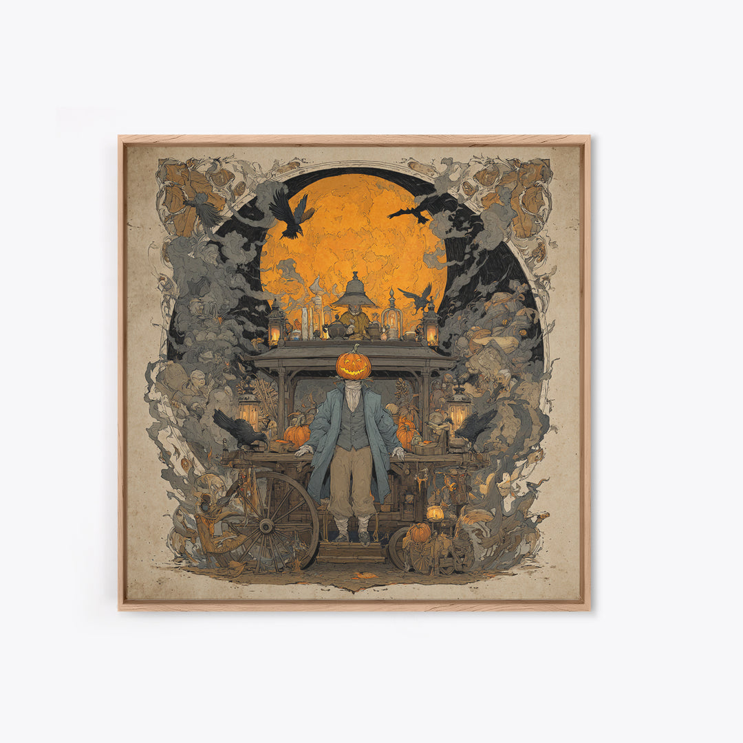 The Pumpkin-Headed Tea Merchant, Symbolist Etching Art, Square Wall Art, Macabre Wall Art, Framed Canvas Print, Halloween Wall Art