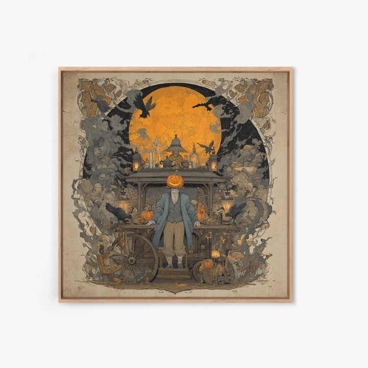 The Pumpkin-Headed Tea Merchant, Symbolist Etching Art, Square Wall Art, Macabre Wall Art, Framed Canvas Print, Halloween Wall Art