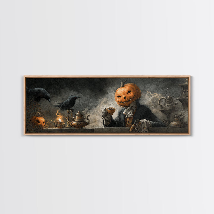 The Pumpkin-Headed Tea Merchant, Expressionist Nightmare Art, Extra Wide Wall Art, Gothic Horror Wall Art, Canvas Print, Halloween Wall Art