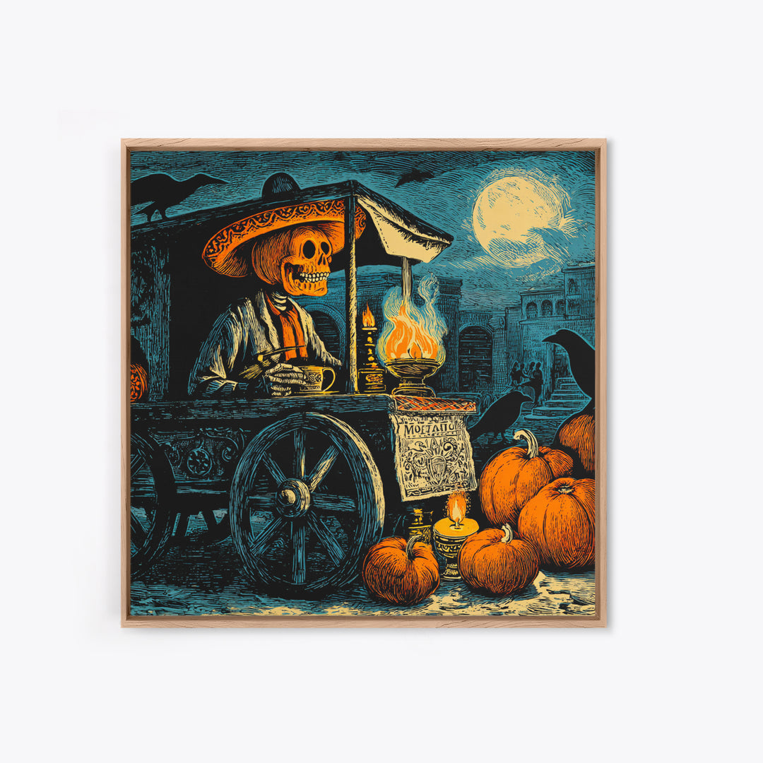 The Pumpkin-Headed Tea Merchant, Macabre Folk Print Art, Square Wall Art, Dark Halloween Decor, Canvas Print, Halloween Wall Art