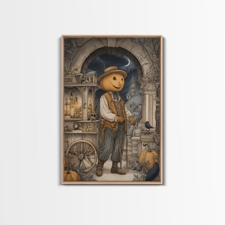 The Pumpkin-Headed Tea Merchant, Victorian Macabre Art, Vertical Wall Art, Macabre Wall Art, Framed Canvas Print, Halloween Wall Art