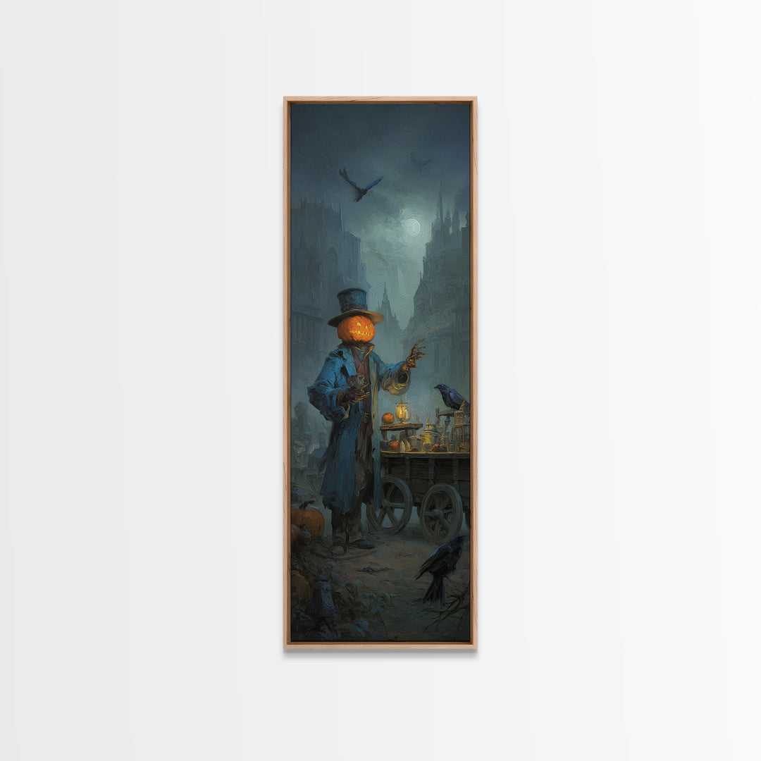 The Pumpkin-Headed Tea Merchant, Surreal Apocalyptic Art, Tall Narrow Wall Art, Gothic Horror Wall Art, Framed Canvas Print