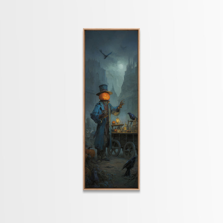 The Pumpkin-Headed Tea Merchant, Surreal Apocalyptic Art, Tall Narrow Wall Art, Gothic Horror Wall Art, Framed Canvas Print