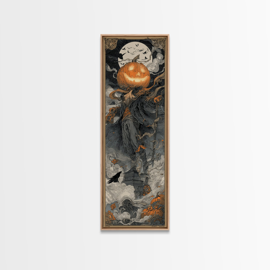 The Pumpkin-Headed Tea Merchant, Biomechanical Horror Art, Tall Narrow Wall Art, Macabre Wall Art, Canvas Print, Halloween Wall Art