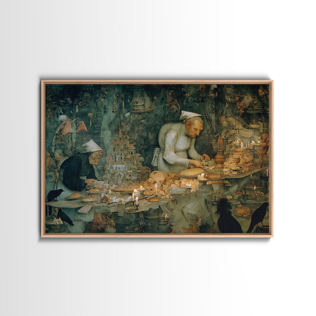The Ghost Bakery, Medieval Grotesque Art, Landscape Wall Art, Macabre Wall Art, Framed Canvas Print, Halloween Wall Art