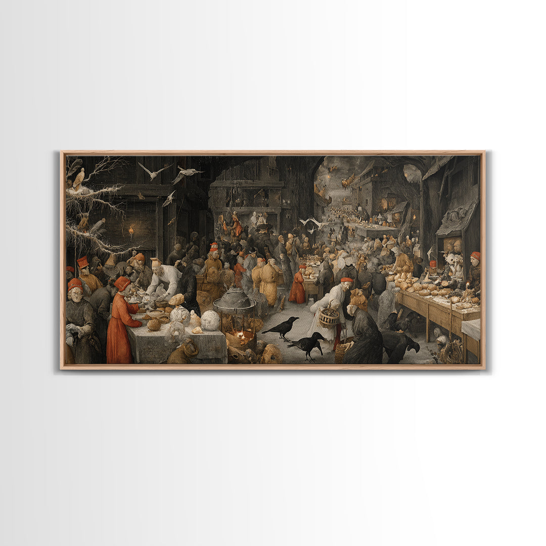 The Ghost Bakery, Northern Renaissance Horror, Wide Panoramic Art, Dark Halloween Decor, Framed Canvas Print, Halloween Wall Art