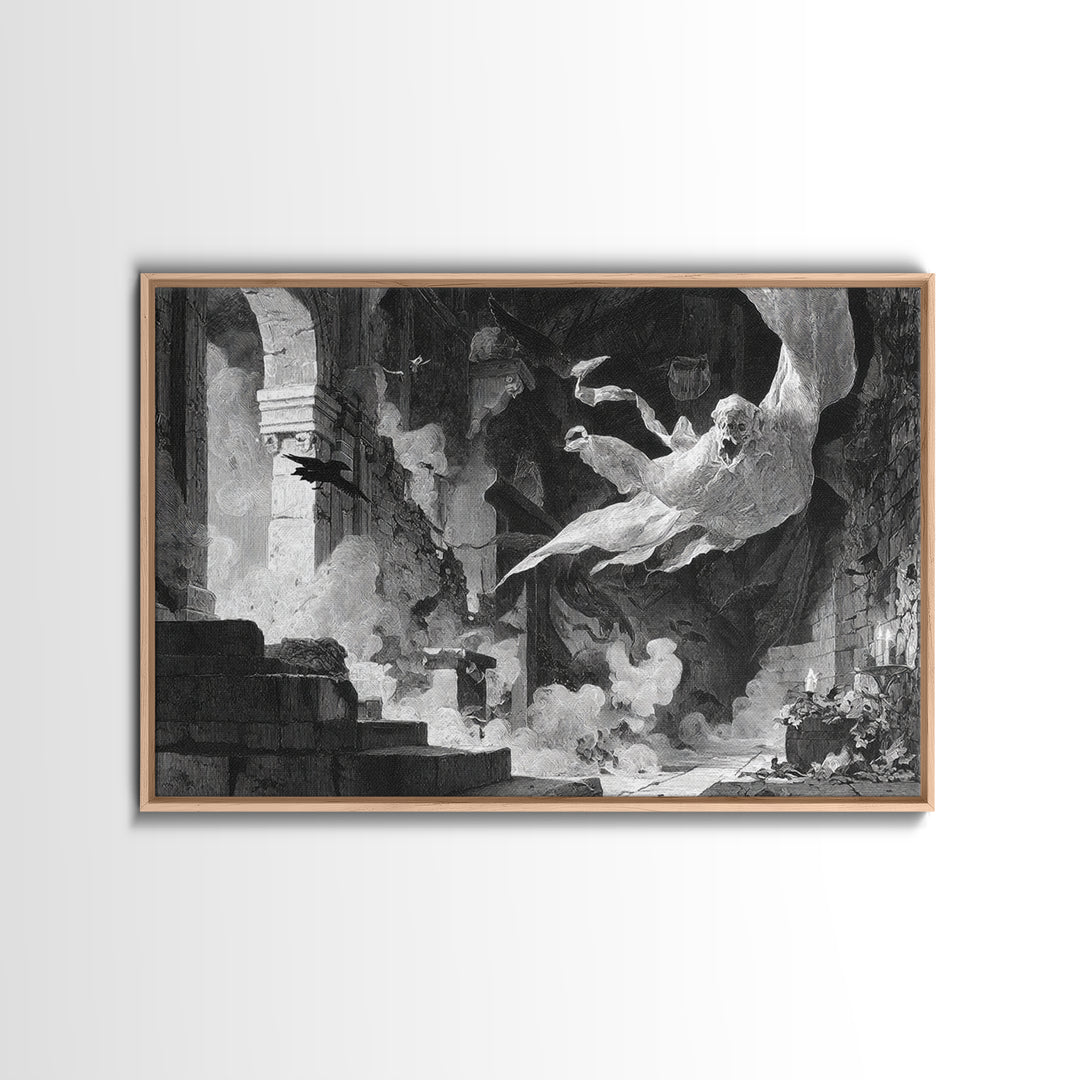 The Ghost Bakery, Architectural Etching Art, Landscape Wall Art, Macabre Wall Art, Framed Canvas Print, Halloween Wall Art
