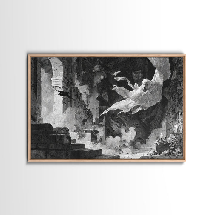 The Ghost Bakery, Architectural Etching Art, Landscape Wall Art, Macabre Wall Art, Framed Canvas Print, Halloween Wall Art