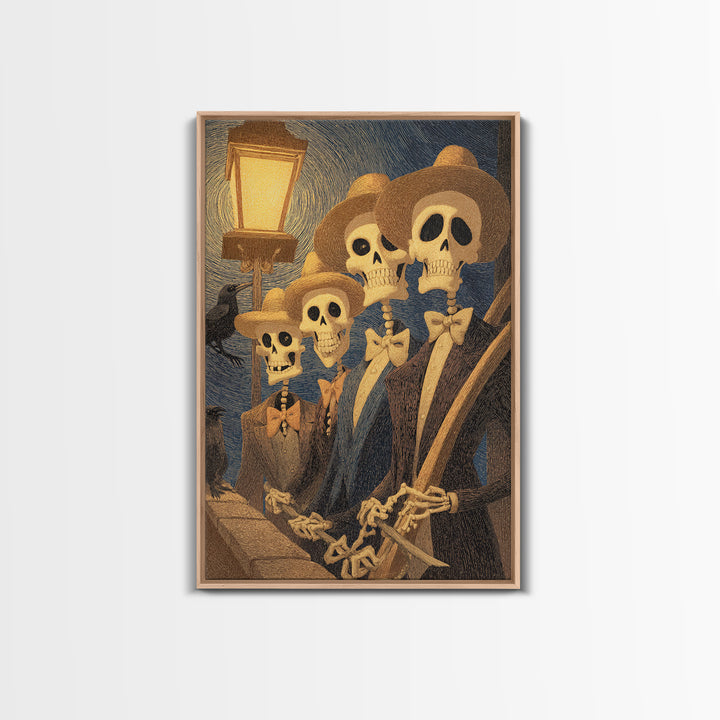 The Skeleton Barbershop Quartet, Expressionist Gothic Art, Vertical Wall Art, Dark Halloween Decor, Framed Canvas Print, Halloween Wall Art
