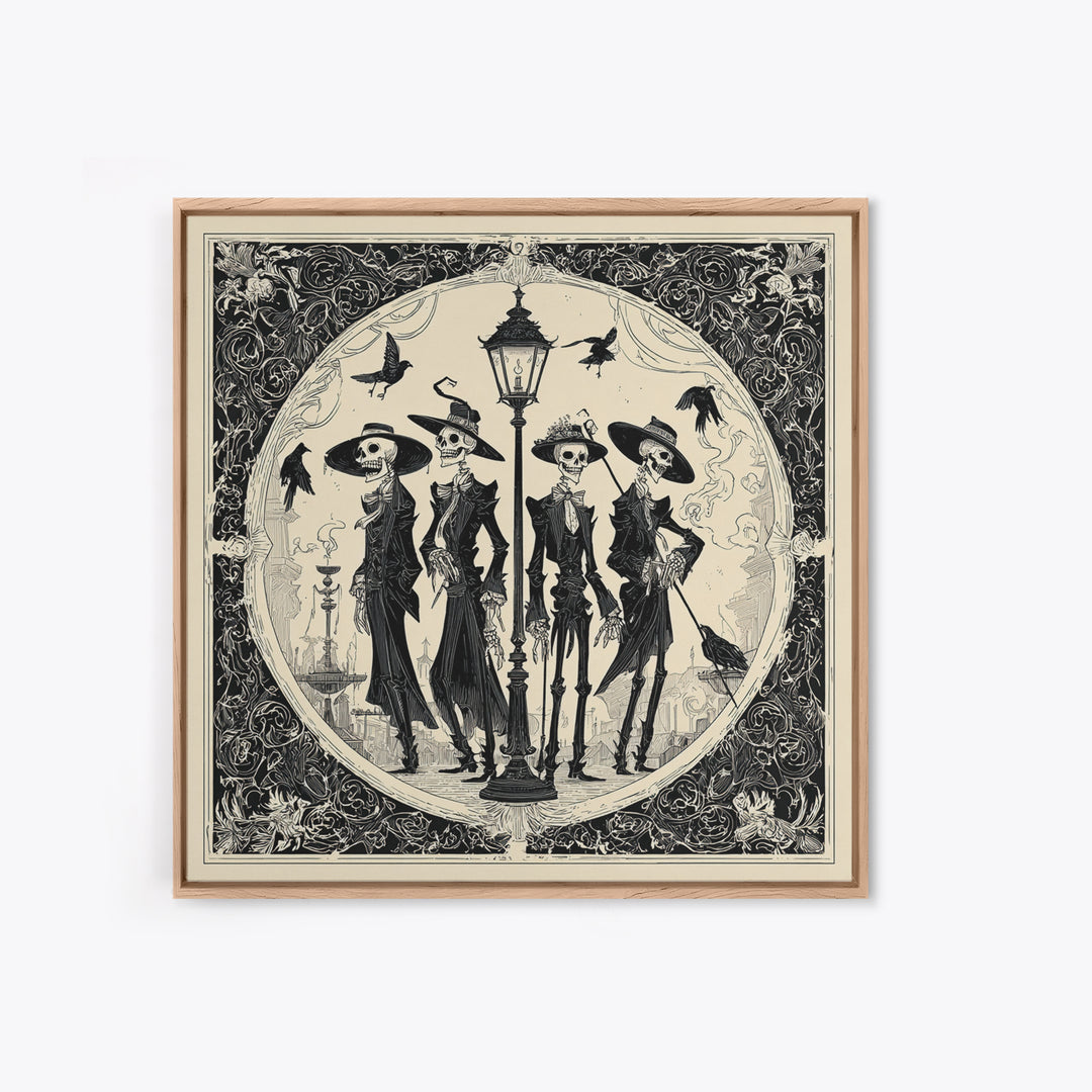 The Skeleton Barbershop Quartet, Decadent Line Art, Square Wall Art, Dark Halloween Decor, Framed Canvas Print