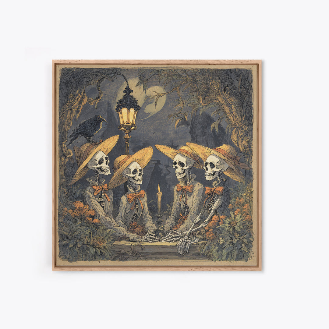 The Skeleton Barbershop Quartet, Gothic Storybook Art, Square Wall Art, Dark Halloween Decor, Framed Canvas Print, Halloween Wall Art