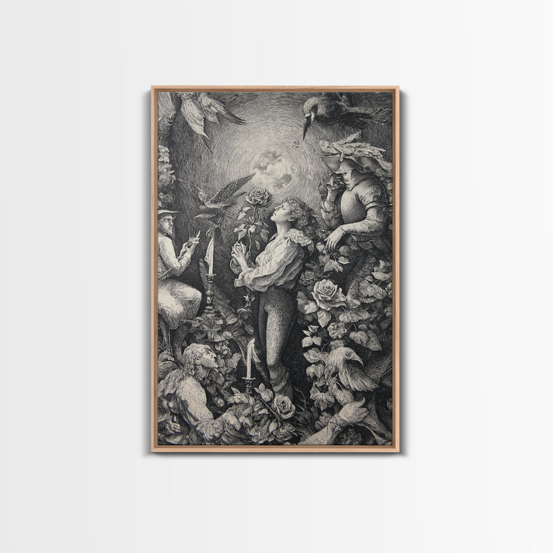 The Vampire Florist, Renaissance Engraving Art, Vertical Wall Art, Dark Fantasy Wall Art, Framed Canvas Print, Halloween Wall Art