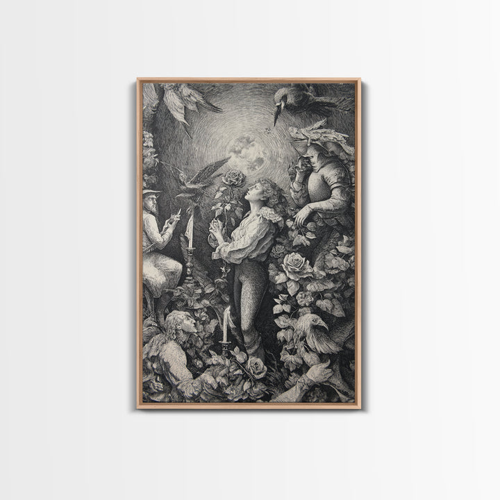 The Vampire Florist, Renaissance Engraving Art, Vertical Wall Art, Dark Fantasy Wall Art, Framed Canvas Print, Halloween Wall Art