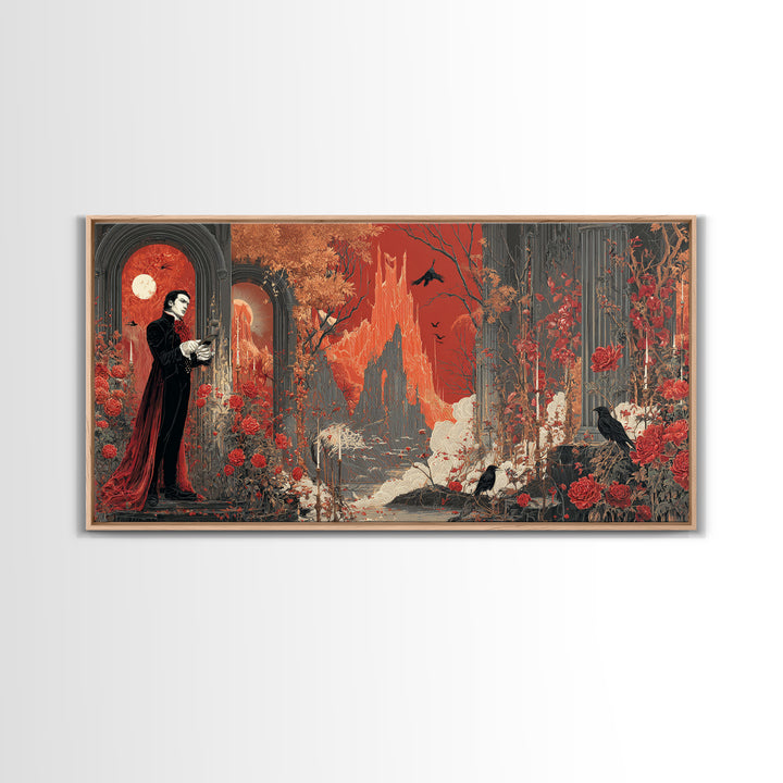The Vampire Florist, Apocalyptic Romantic Art, Wide Panoramic Art, Dark Fantasy Wall Art, Framed Canvas Print, Halloween Wall Art
