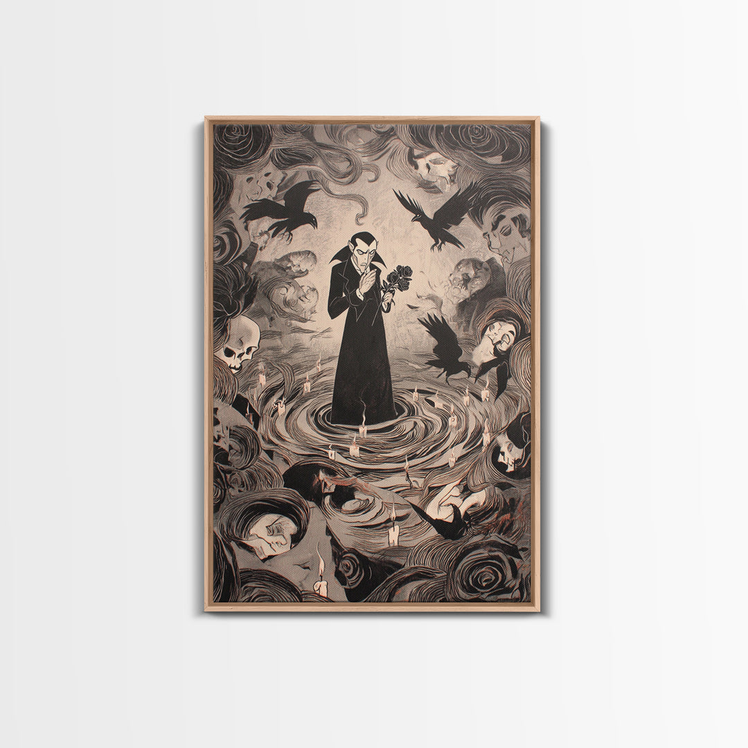 The Vampire Florist, Expressionist Gothic Art, Vertical Wall Art, Macabre Wall Art, Framed Canvas Print, Halloween Wall Art