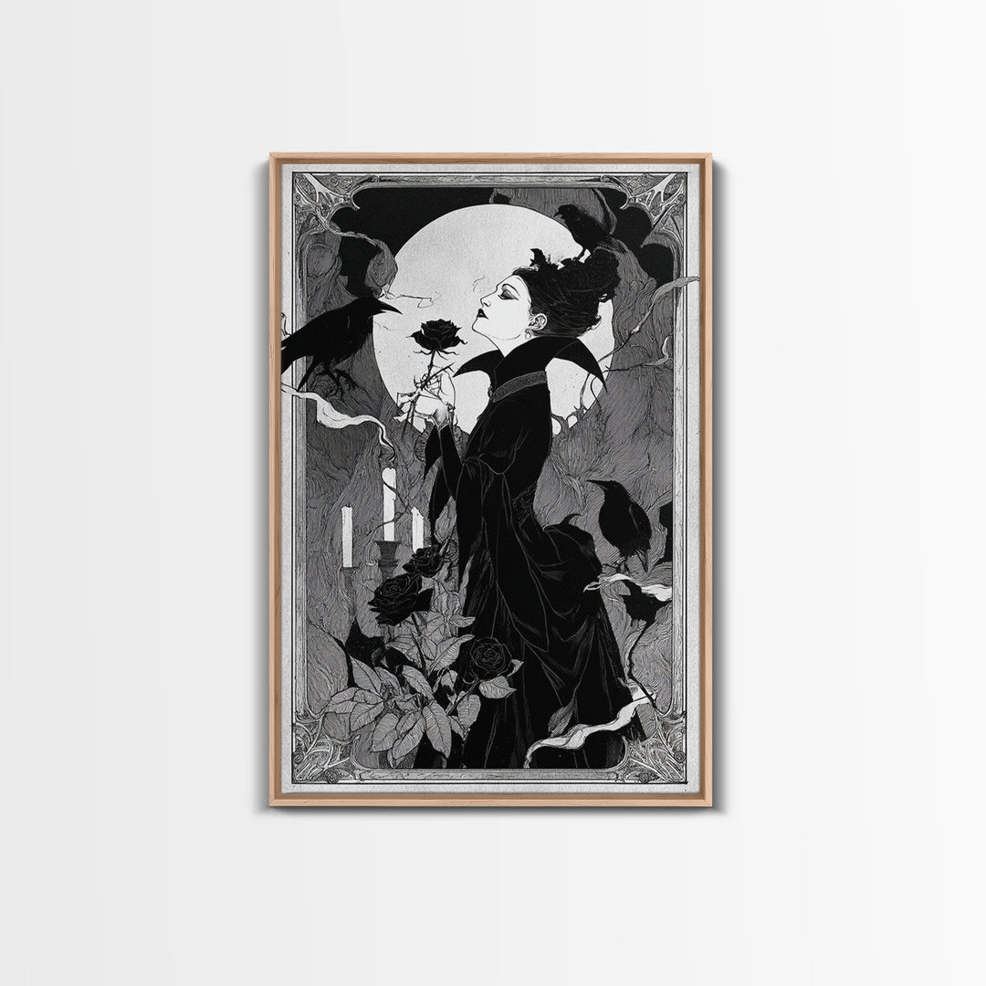 The Vampire Florist, Decadent Line Art, Vertical Wall Art, Dark Fantasy Wall Art, Canvas Print, Halloween Wall Art