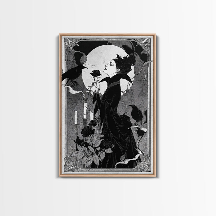 The Vampire Florist, Decadent Line Art, Vertical Wall Art, Dark Fantasy Wall Art, Canvas Print, Halloween Wall Art