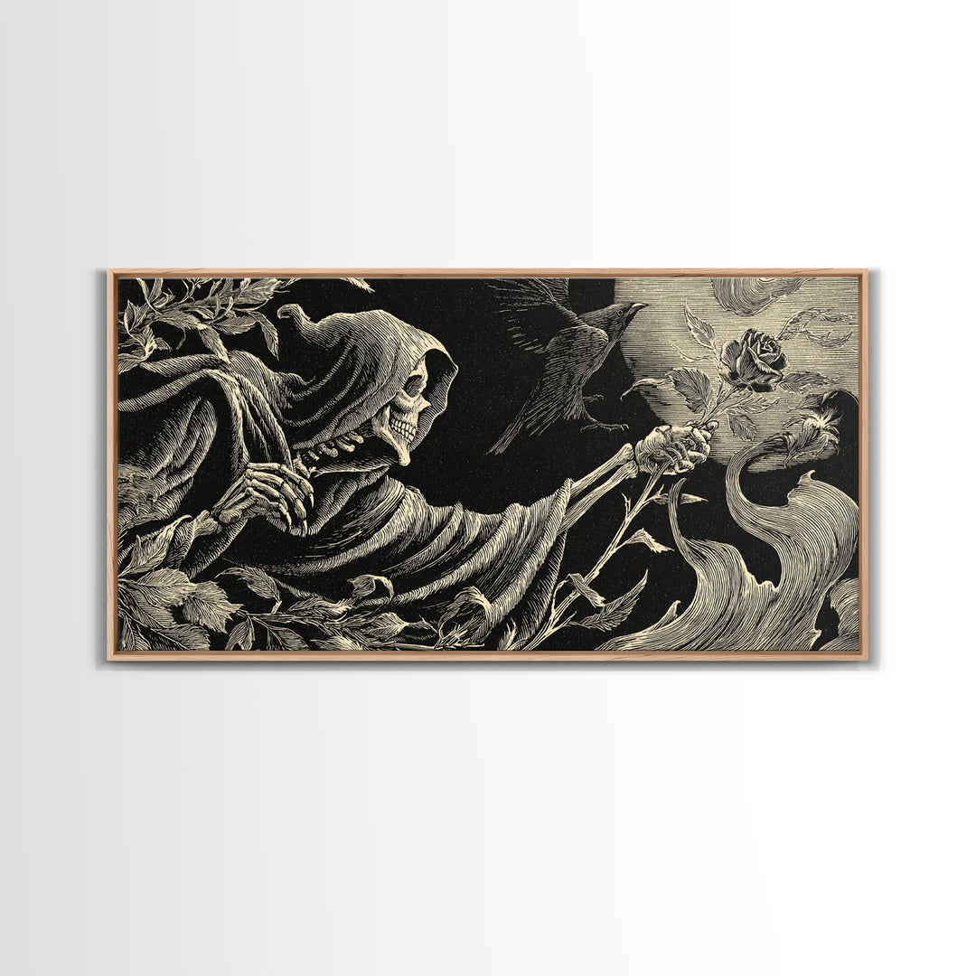 The Vampire Florist, Macabre Folk Print Art, Wide Panoramic Art, Dark Fantasy Wall Art, Framed Canvas Print, Halloween Wall Art