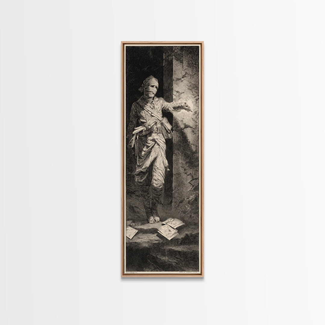The Mummy Mail Carrier, Gothic Engraving Art, Tall Narrow Wall Art, Dark Fantasy Wall Art, Framed Canvas Print, Halloween Wall Art