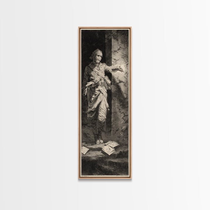 The Mummy Mail Carrier, Gothic Engraving Art, Tall Narrow Wall Art, Dark Fantasy Wall Art, Framed Canvas Print, Halloween Wall Art