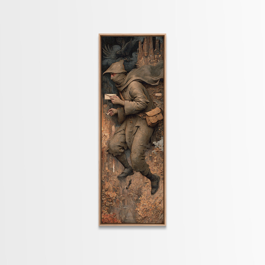 The Mummy Mail Carrier, Medieval Grotesque Art, Tall Narrow Wall Art, Dark Fantasy Wall Art, Framed Canvas Print, Halloween Wall Art