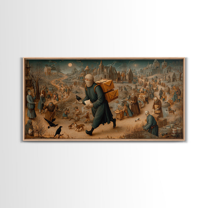 The Mummy Mail Carrier, Northern Renaissance Horror, Wide Panoramic Art, Dark Halloween Decor, Canvas Print, Halloween Wall Art
