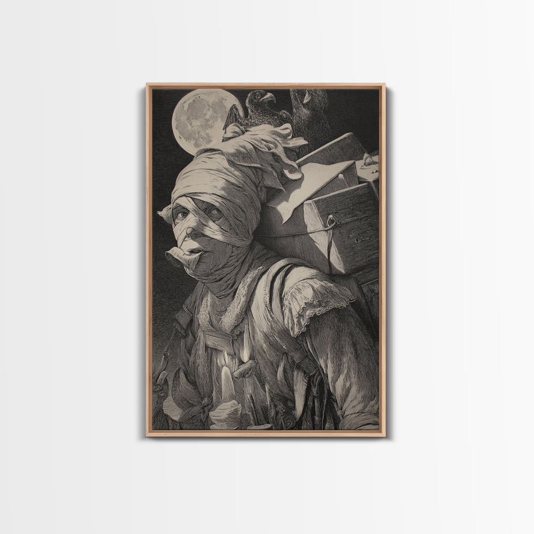 The Mummy Mail Carrier, Renaissance Engraving Art, Vertical Wall Art, Dark Fantasy Wall Art, Canvas Print, Halloween Wall Art