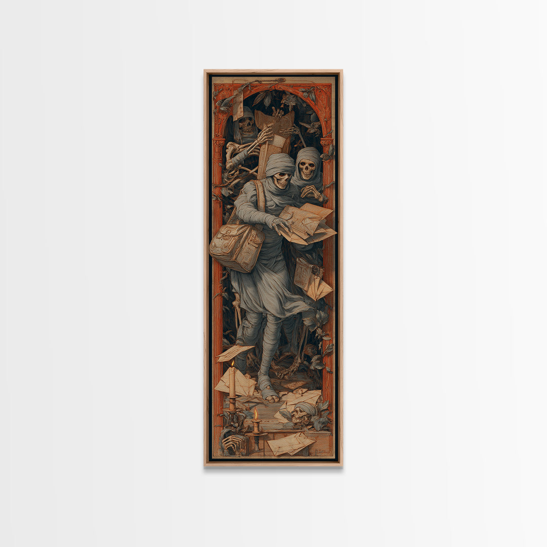 The Mummy Mail Carrier, Danse Macabre Art, Tall Narrow Wall Art, Macabre Wall Art, Framed Canvas Print