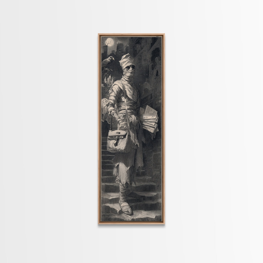 The Mummy Mail Carrier, Architectural Etching Art, Tall Narrow Wall Art, Gothic Horror Wall Art, Framed Canvas Print
