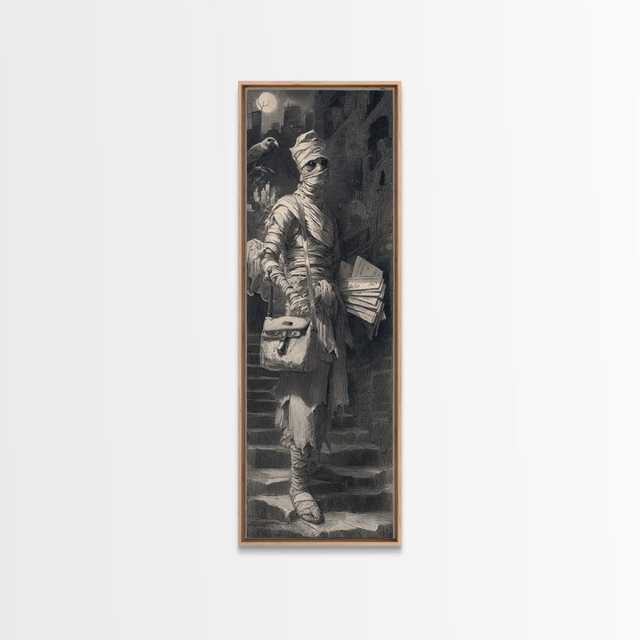 The Mummy Mail Carrier, Architectural Etching Art, Tall Narrow Wall Art, Gothic Horror Wall Art, Framed Canvas Print