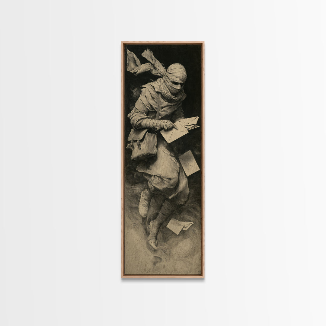 The Mummy Mail Carrier, Symbolist Dream Art, Tall Narrow Wall Art, Gothic Horror Wall Art, Canvas Print, Halloween Wall Art