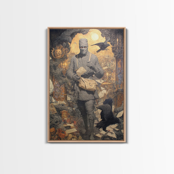 The Mummy Mail Carrier, Ornate Symbolist Art, Vertical Wall Art, Dark Halloween Decor, Canvas Print, Halloween Wall Art