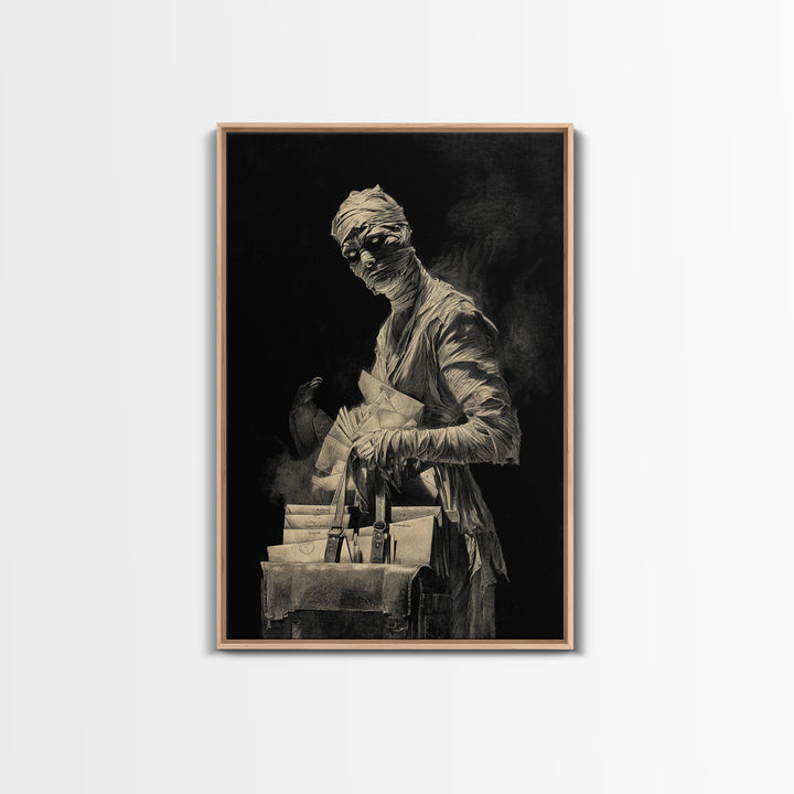 The Mummy Mail Carrier, Decadent Gothic Art, Vertical Wall Art, Macabre Wall Art, Framed Canvas Print, Halloween Wall Art