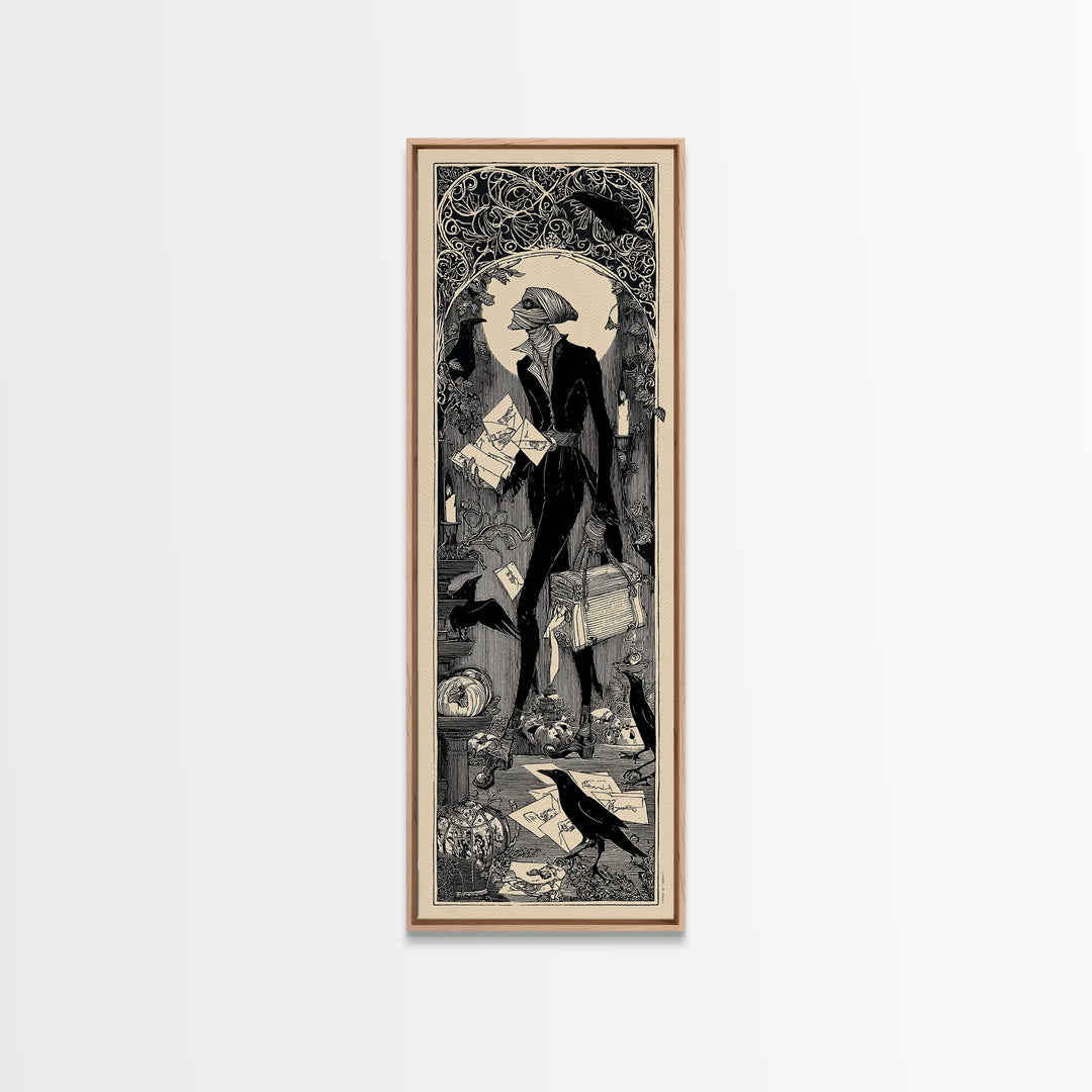 The Mummy Mail Carrier, Decadent Line Art, Tall Narrow Wall Art, Gothic Horror Wall Art, Framed Canvas Print, Halloween Wall Art